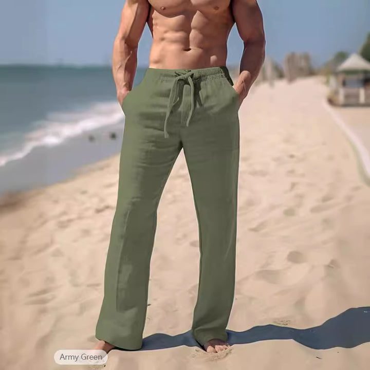 Herren weite Resort-Freizeithose im Palazzo-Stil aus Leinenmix mit Tunnelzug und seitlichen Eingrifftaschen Drune