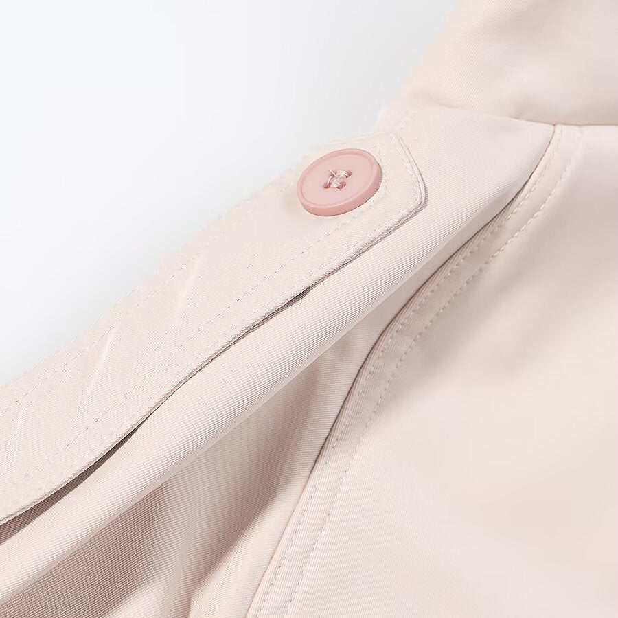 Damen Kurze zweireihige Trenchjacke mit hohem Stehkragen, Schulterklappen und Bindegürtel Drune