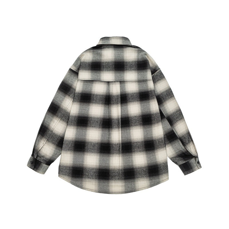 Unisex Karo-Flanell-Hemdjacke im Oversize-Kastenschnitt mit abgerundetem Saum Drune