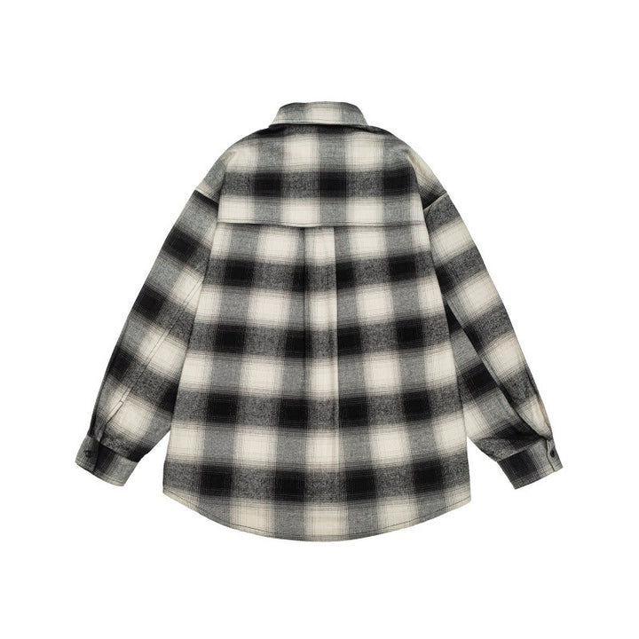Unisex Karo-Flanell-Hemdjacke im Oversize-Kastenschnitt mit abgerundetem Saum Drune