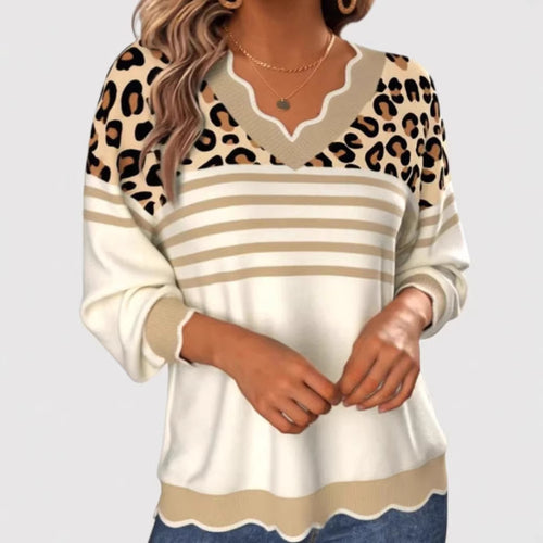 Damen Modischer V-Pullover mit Leo-Print