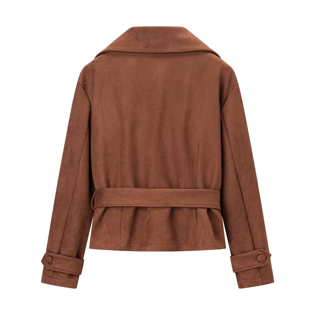 Damen Modische Wildlederjacke mit Gürtel und tailliertem Schnitt Drune