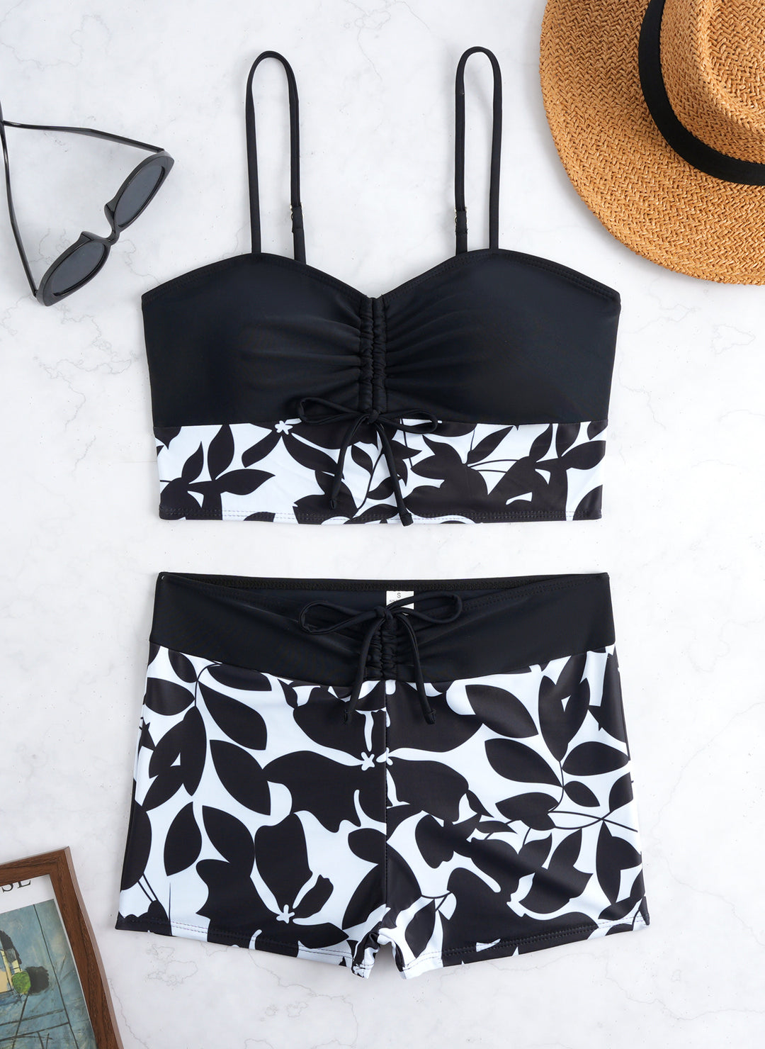 Damen Bikini-Set mit modischer Raffung und hoch taillierter Shorts Drune
