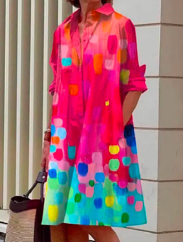 Damen Lockeres Hemdblusenkleid aus Satinoptik mit barockem Ketten‑Print und 3/4‑Ärmeln Drune