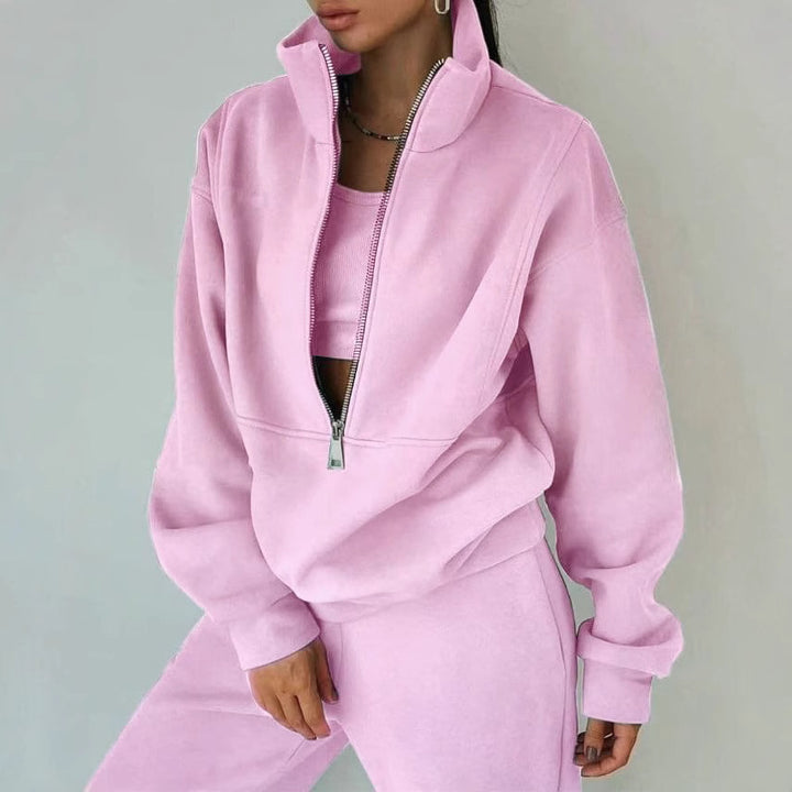 Damen Oversized Halbzip-Sweatshirt mit Stehkragen und passender High-Waist-Jogginghose Drune