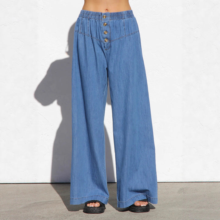Damen nan weite Highwaist-Jeanshose mit elastischem Bund und dekorativer Knopfleiste Drune