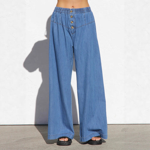 Damen nan weite Highwaist-Jeanshose mit elastischem Bund und dekorativer Knopfleiste Drune