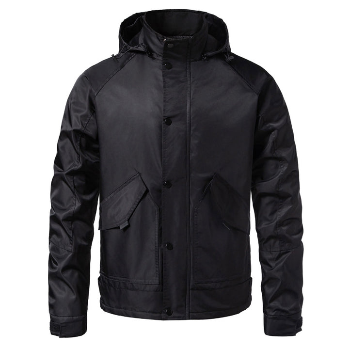 Herren Wasserabweisende Kapuzenjacke im Utility‑Stil mit Druckknopfleiste und Pattentaschen Drune