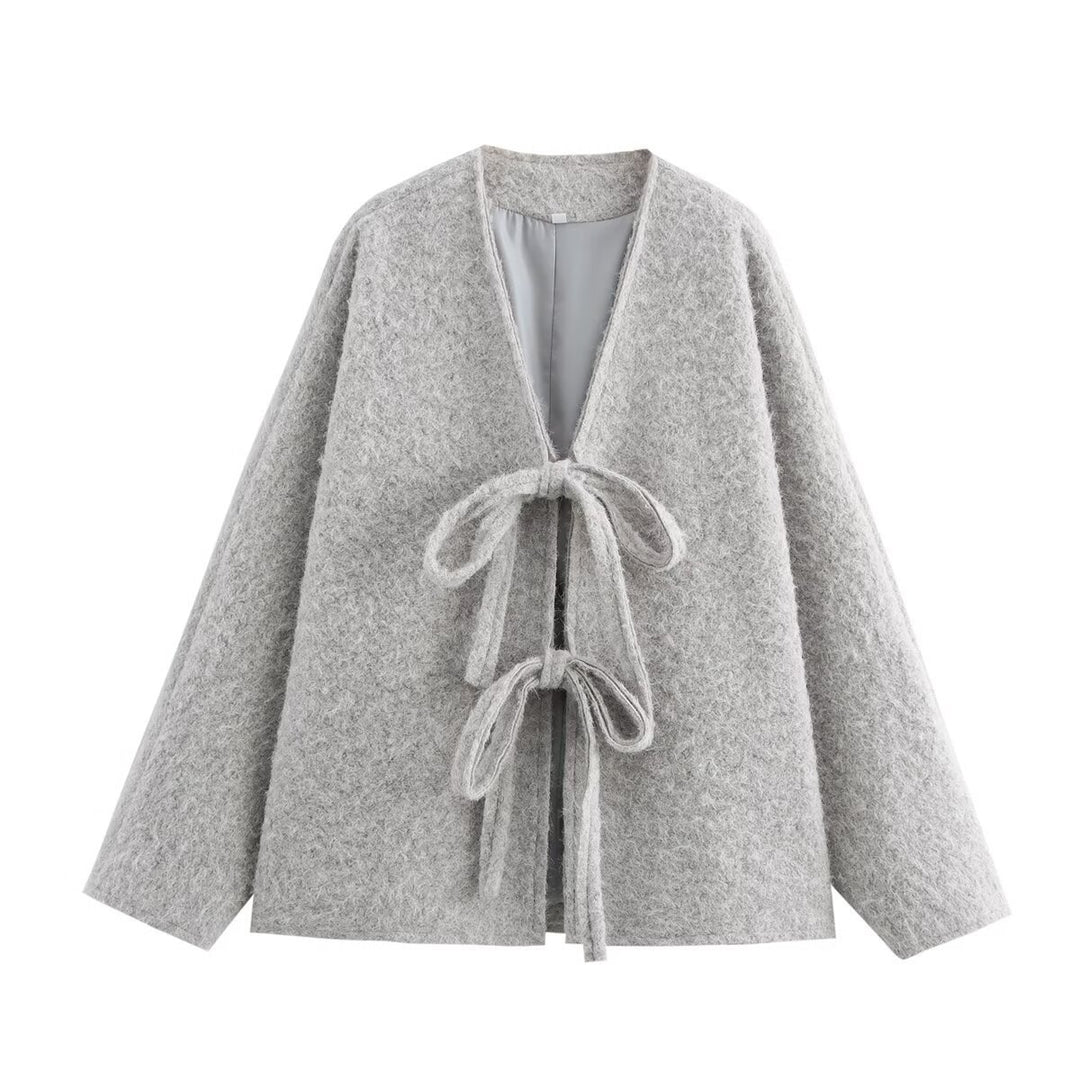 Damen lässige Wolljacke mit Bindebändern Drune