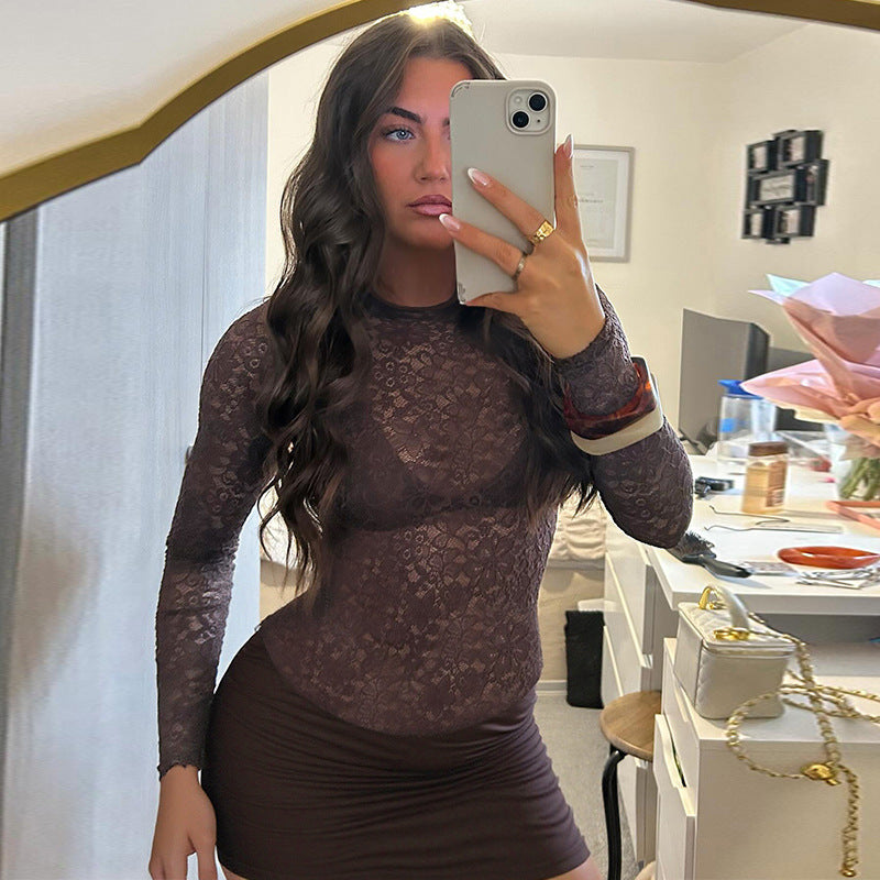 Damen verlaufendes Minikleid mit Spitzenoberteil und langem Arm Drune