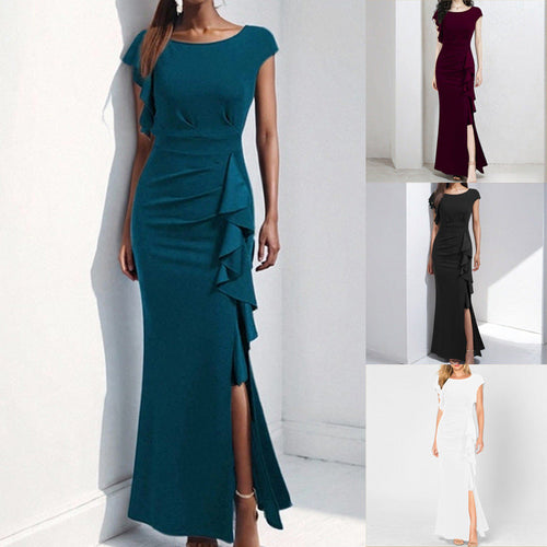 Damen elegantes Maxikleid mit Rüschendetails und seitlichem Schlitz Drune