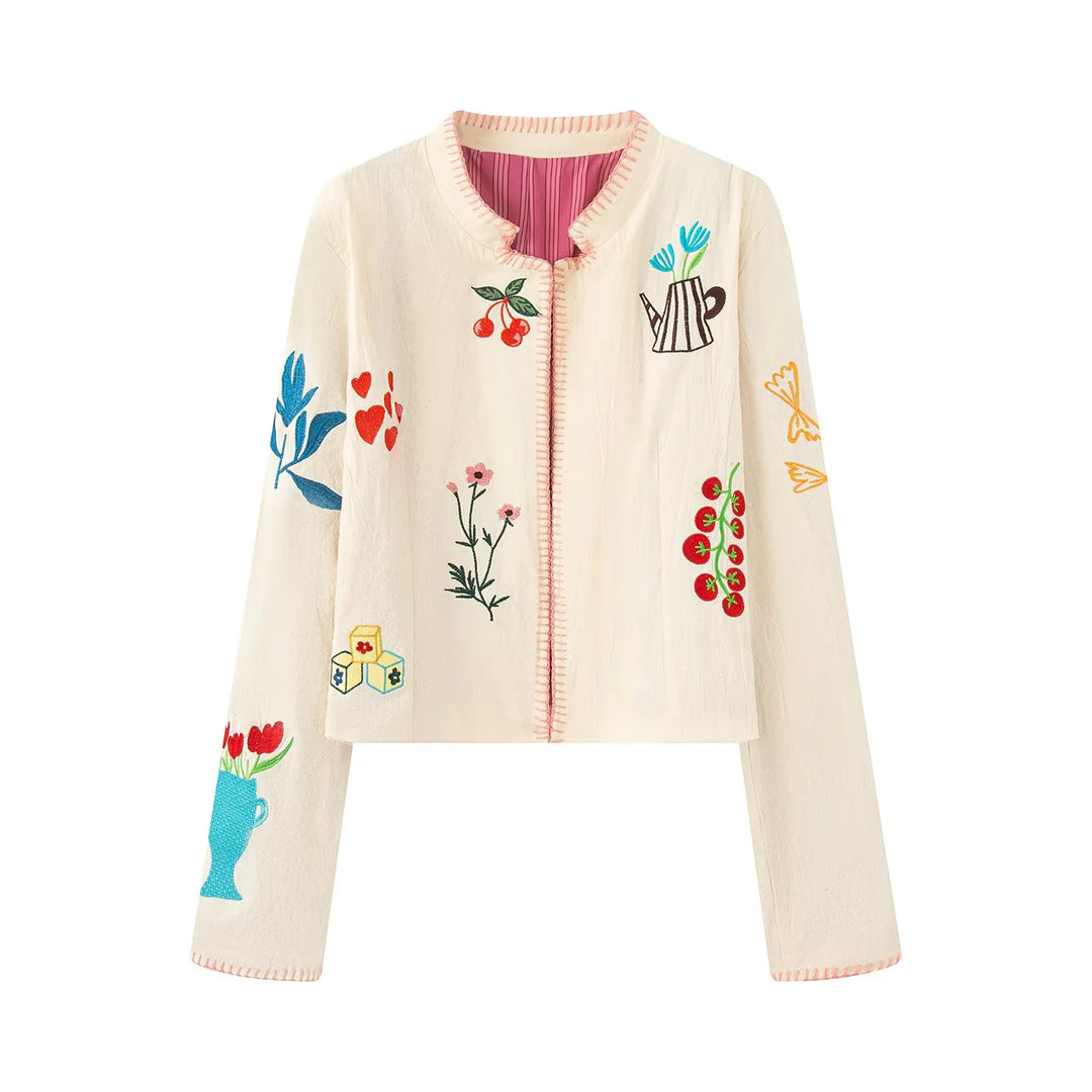 Damen nan artisanal bestickte Kurzjacke mit Rundhalsausschnitt, feinem Zierstich und leichtem Baumwollmix Drune