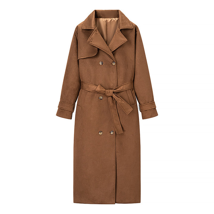 Damen eleganter Kunstledertrenchcoat mit taillierbarem Gürtel und praktischen Taschen Drune