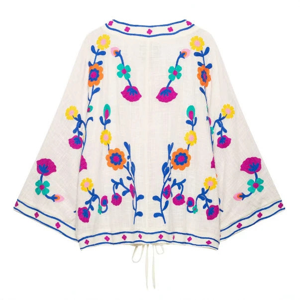 Damen Bestickter leichter Kimono-Cardigan mit floralem Motiv und Bindeband Drune