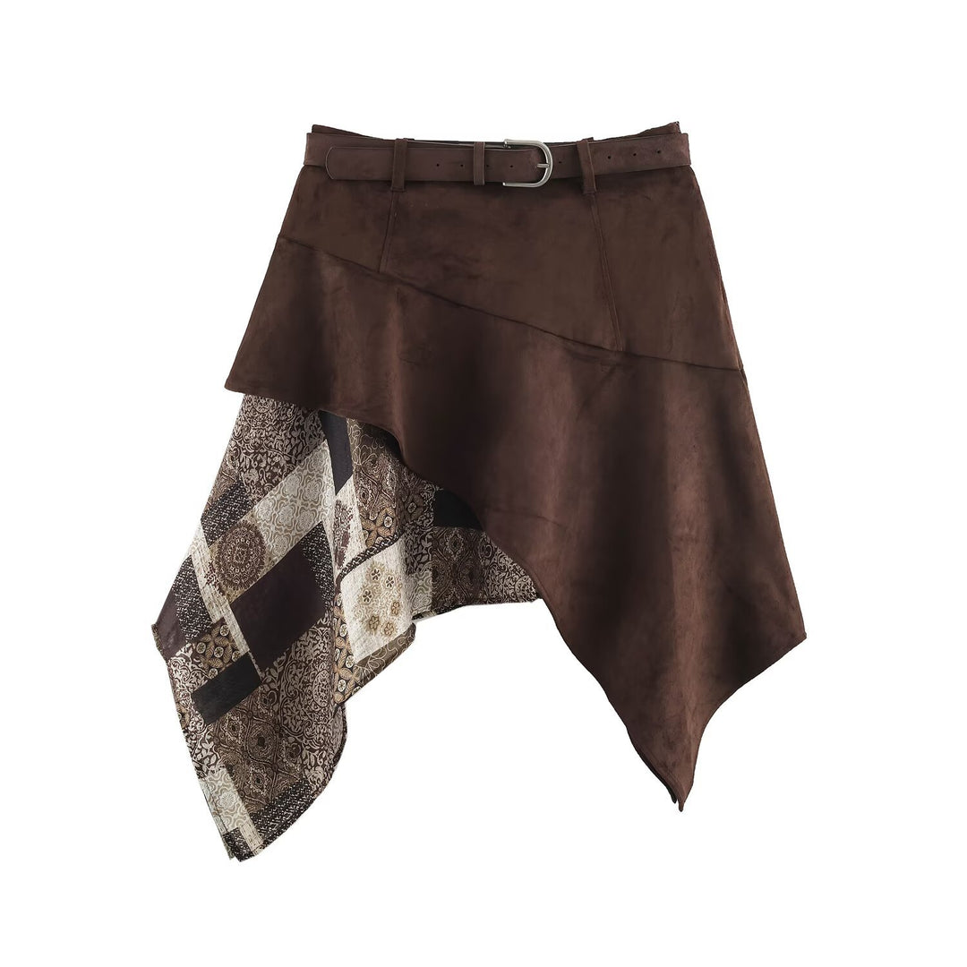 Damen Asymmetrischer Patchwork-Wickelrock mit Taillengürtel und Lagenoptik Drune