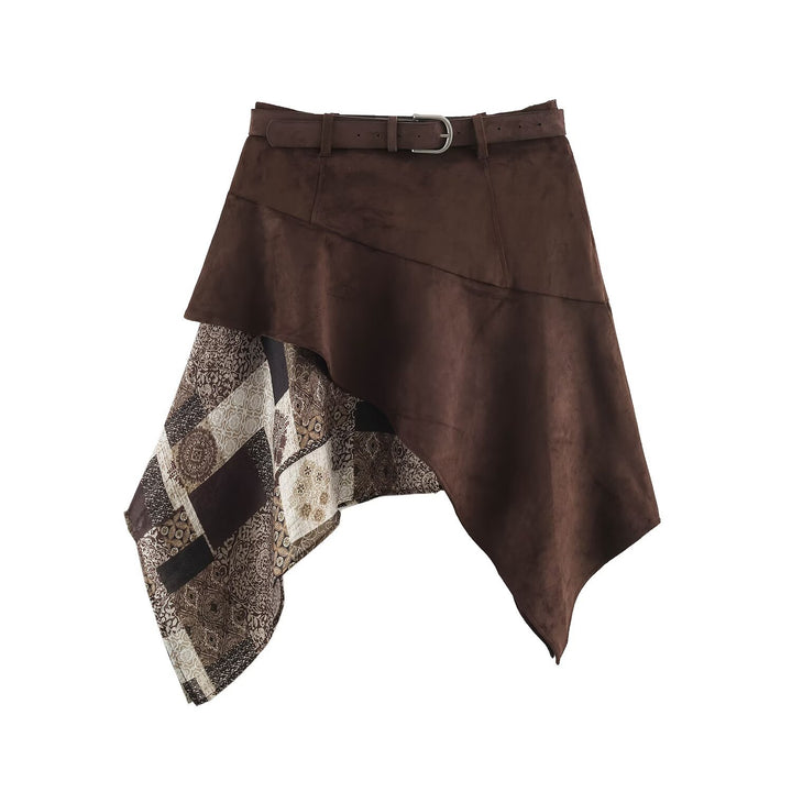 Damen Asymmetrischer Patchwork-Wickelrock mit Taillengürtel und Lagenoptik Drune
