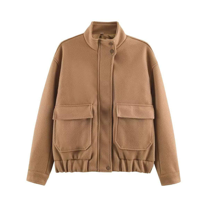 Damen Kurzblouson aus Wollmix im Utility‑Look mit Stehkragen, Klappentaschen und elastischem Saum Drune