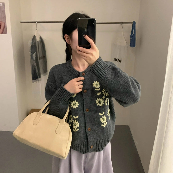 Damen Verspielte Strickjacke mit Blumenapplikationen Drune