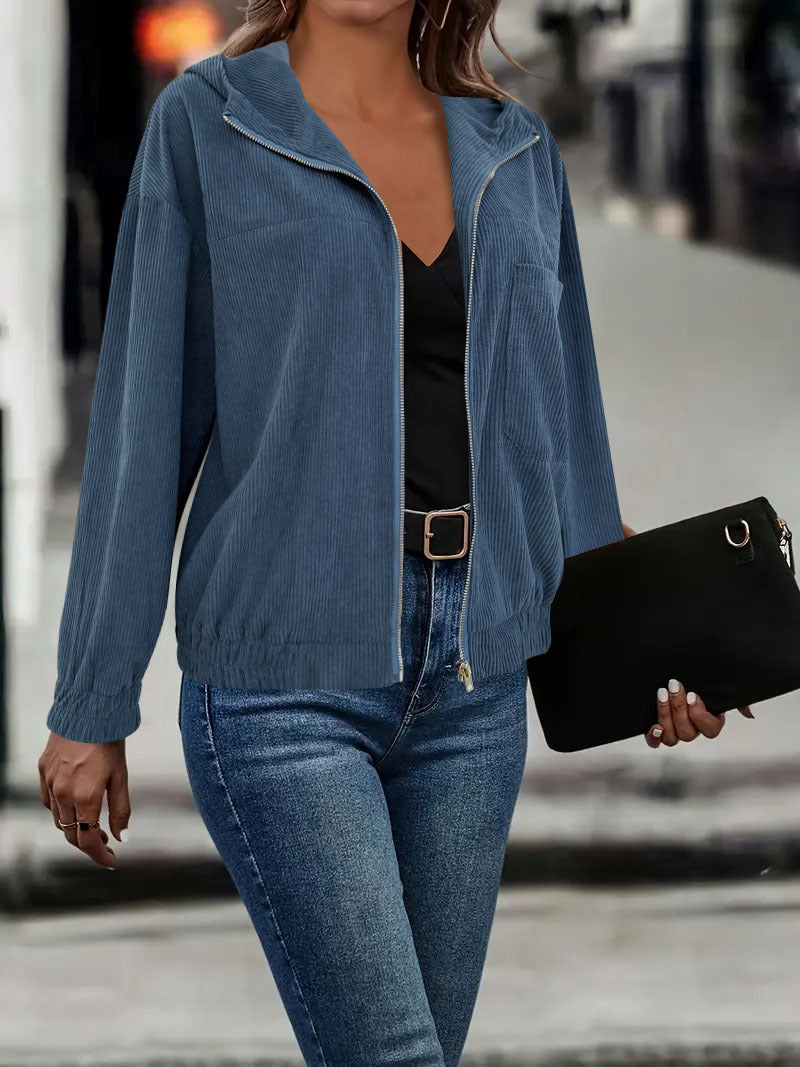 Damen Casual Cord-Hoodiejacke mit feiner Kordsamtstruktur, durchgehendem Reißverschluss und elastischem Saum Drune