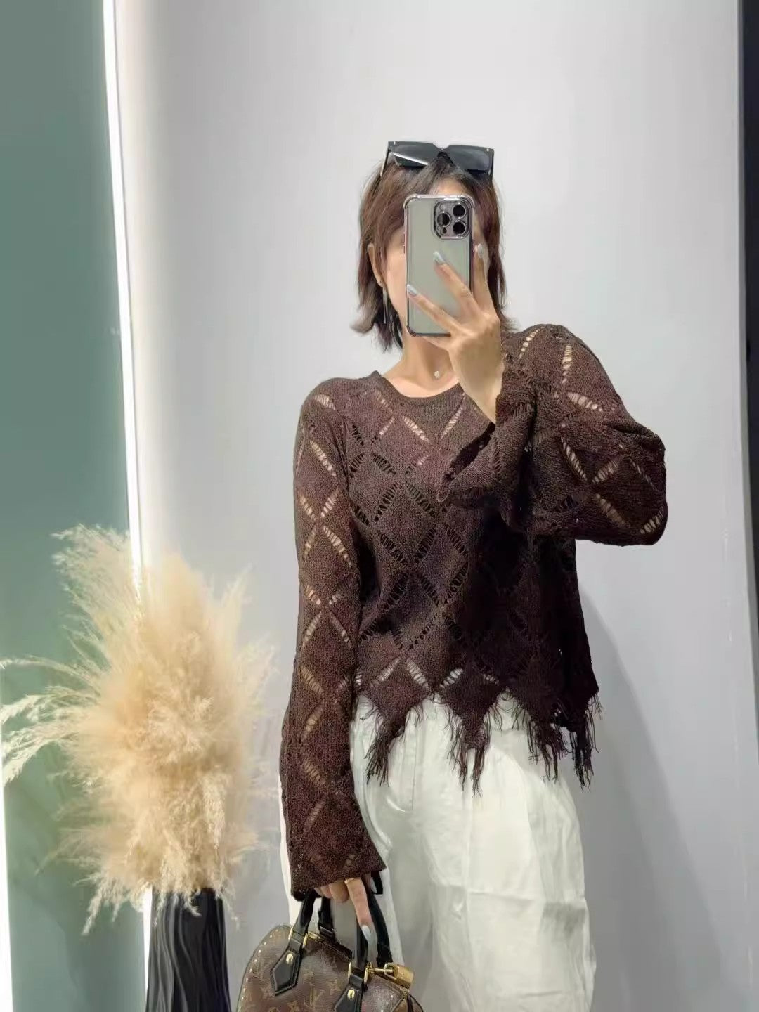 Damen Modischer Strickpullover mit offenen Maschen Drune