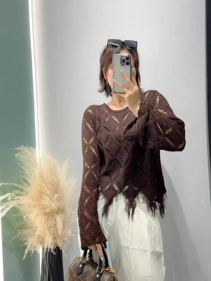 Damen Modischer Strickpullover mit offenen Maschen Drune
