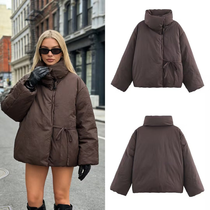 Damen Oversize-Steppjacke mit hohem Stehkragen und Taillengürtel Drune