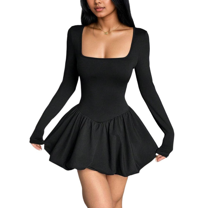 Damen figurbetontes Skater-Minikleid mit quadratischem Ausschnitt, Sculpting-Oberteil und gerafftem Tellerrock Drune