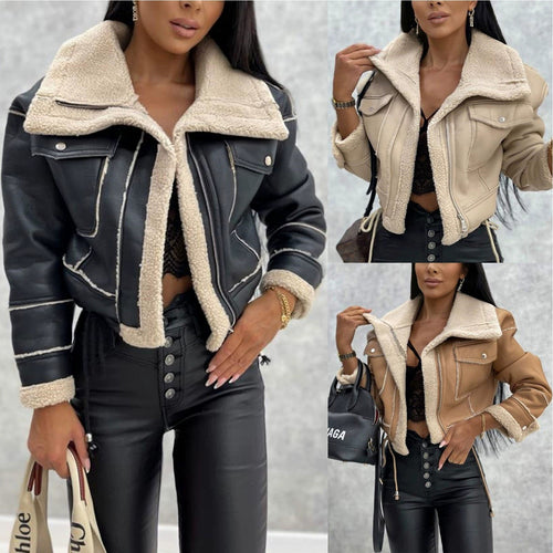 Damen cropped Bikerjacke mit Lammfell Drune