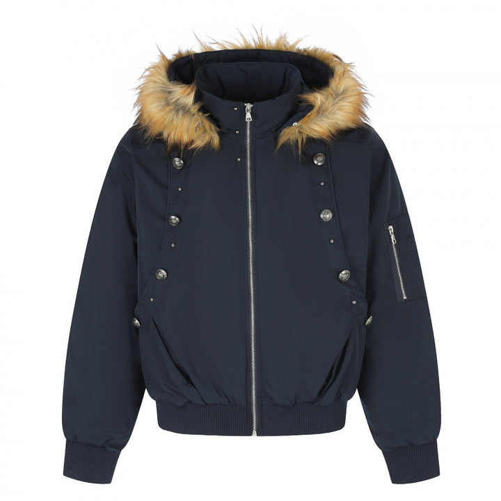 Damen Gefütterte Bomberjacke mit Kapuze und Kunstfellkragen Wattierte Winterjacke Drune