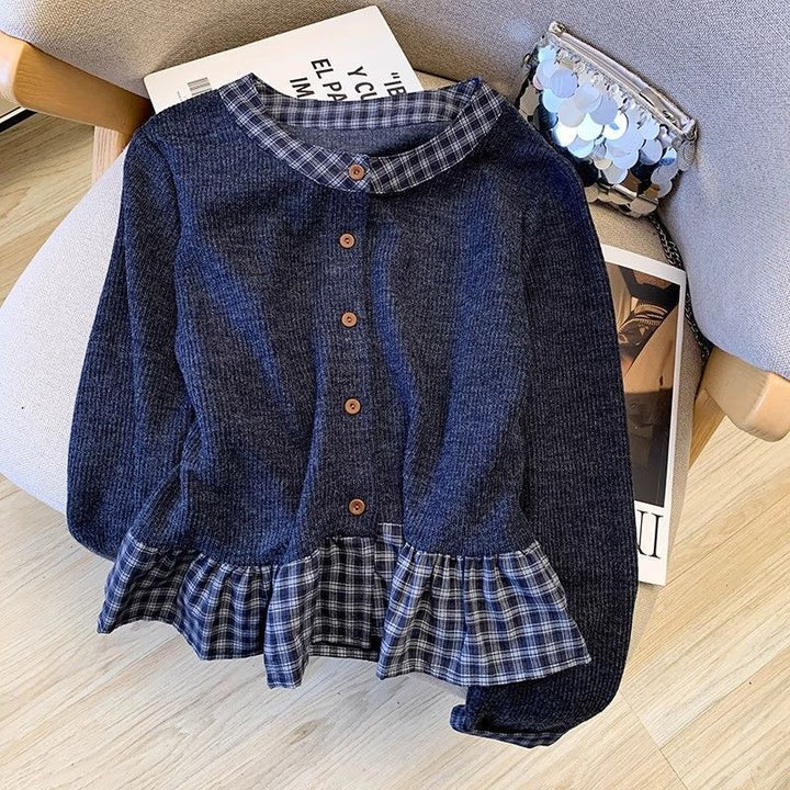 Damen modisches Langarmshirt mit Kragen und Rüschendetails Drune