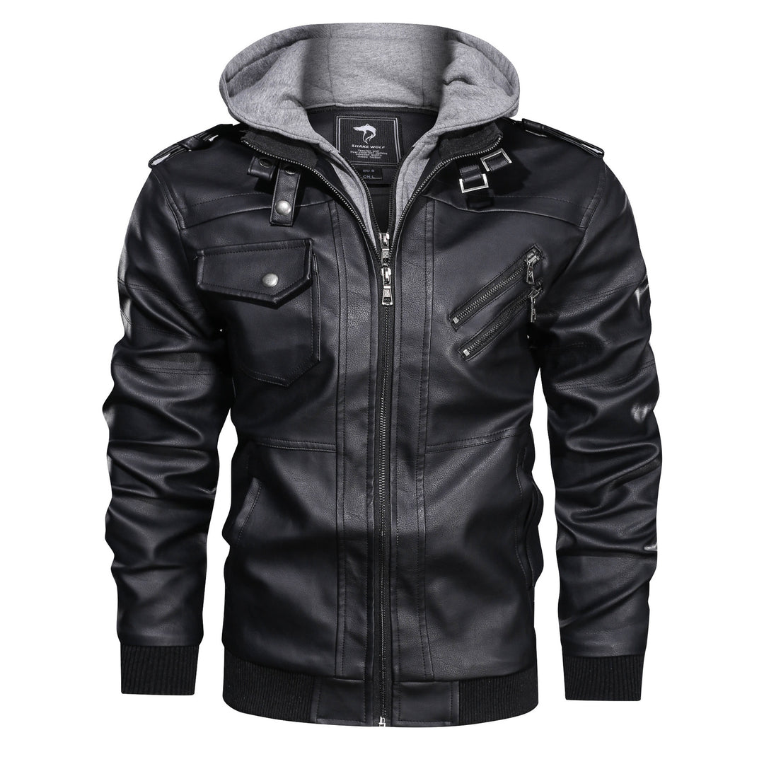 Herren Lederoptik-Utility-Jacke mit Kapuze, Reißverschlusstaschen und Rippbündchen Drune