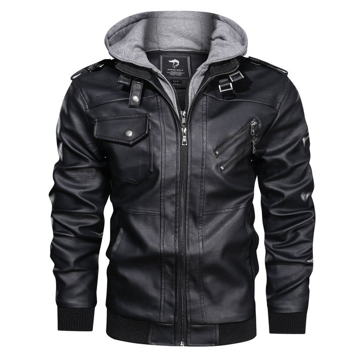 Herren Lederoptik-Utility-Jacke mit Kapuze, Reißverschlusstaschen und Rippbündchen Drune