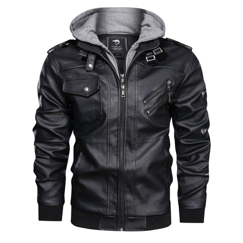 Herren Lederoptik-Utility-Jacke mit Kapuze, Reißverschlusstaschen und Rippbündchen Drune