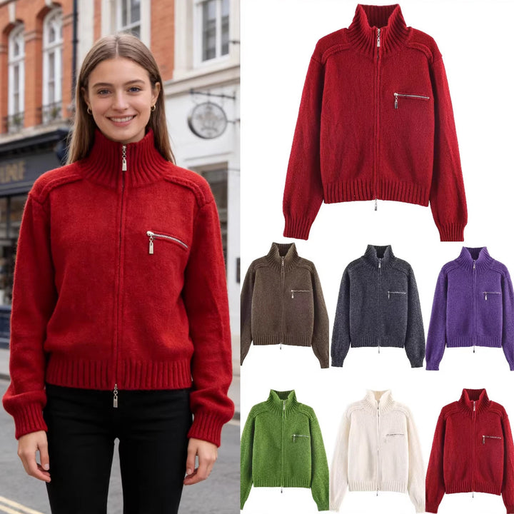 Damen Grobgestrickte Reißverschluss‑Strickjacke mit hohem Rippkragen und Brusttasche Drune