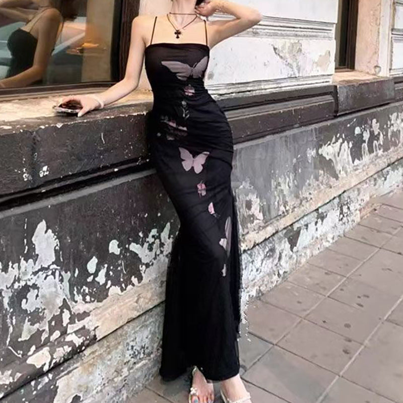 Damen elegantes Wickelkleid mit floralem Schmetterlingsdruck und verstellbaren Spaghetti-Trägern Drune
