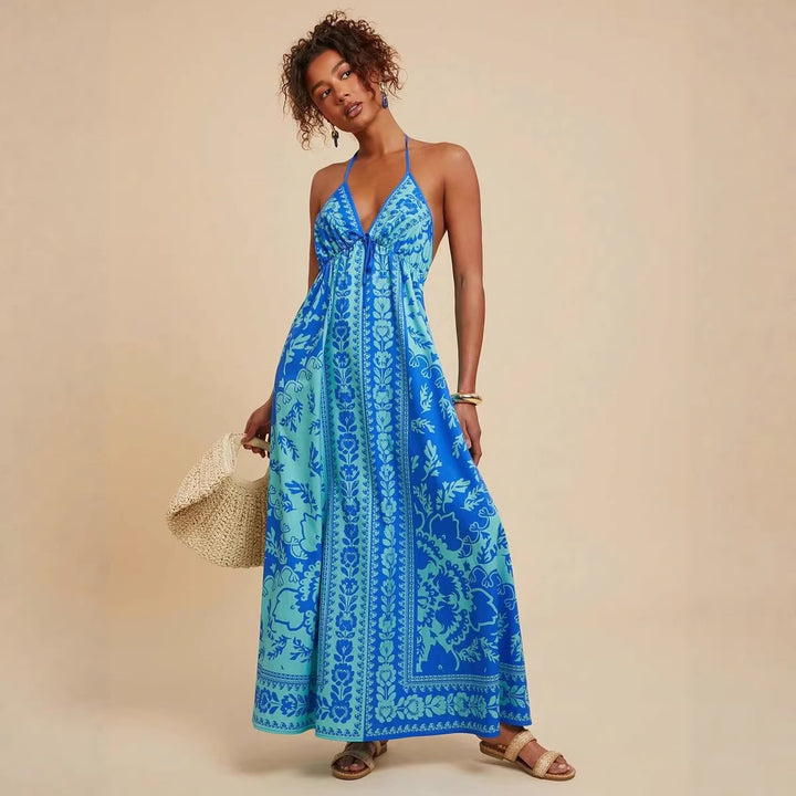 Damen Maxikleid mit tiefem V-Ausschnitt und floralen Musterdetails Drune