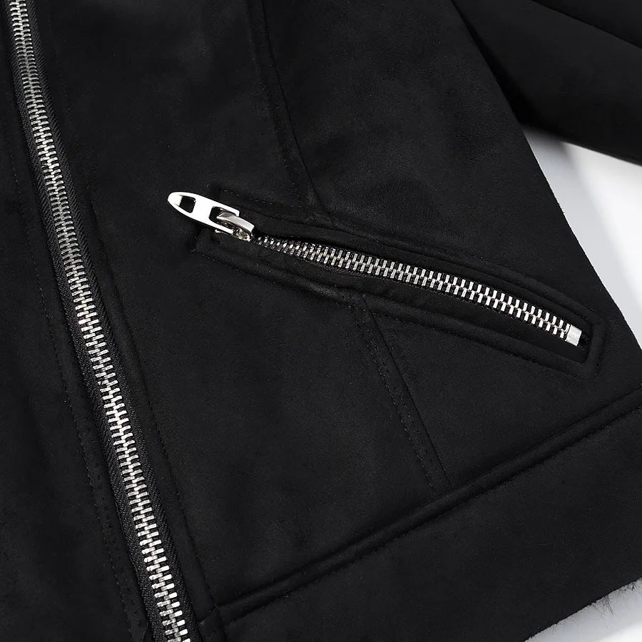 Damen nan kurze Bikerjacke aus Veloursimitat mit Teddyfutter und asymmetrischer Metall-Reißverschluss Drune