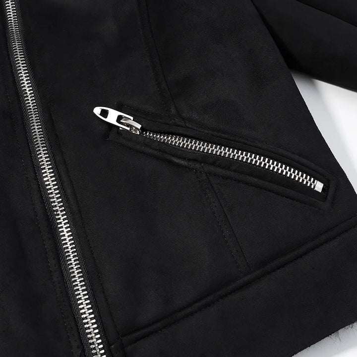 Damen nan kurze Bikerjacke aus Veloursimitat mit Teddyfutter und asymmetrischer Metall-Reißverschluss Drune