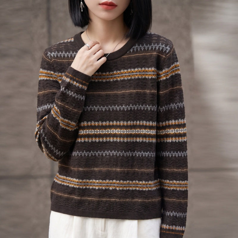 Damen Leichter Fair‑Isle Feinstrickpullover mit Rundhalsausschnitt und feiner Streifenstruktur Drune