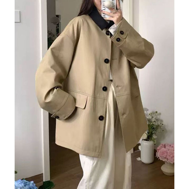 Damen Kurz-Boxy-Jacke im Trenchstil mit kontrastkragen und verstellbaren Manschetten Drune