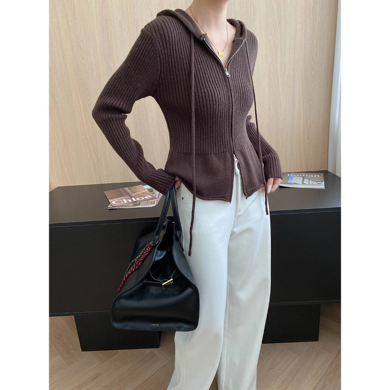 Damen lässige Strickjacke mit Kapuze und Reißverschluss Drune