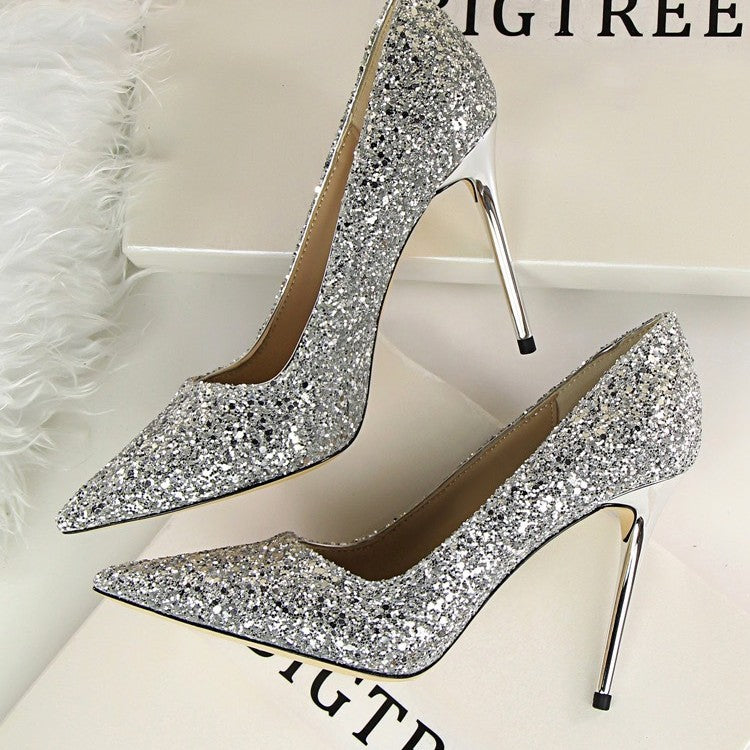 Damen Glitzer-Pumps mit spitzer Zehenform und metallic Stiletto-Absatz Drune