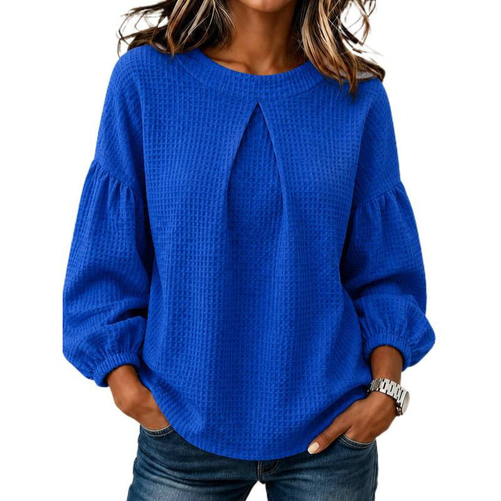 Damen Lockeres Waffelstrick-Sweatshirt mit Vorderfalte und Ballonärmeln Drune
