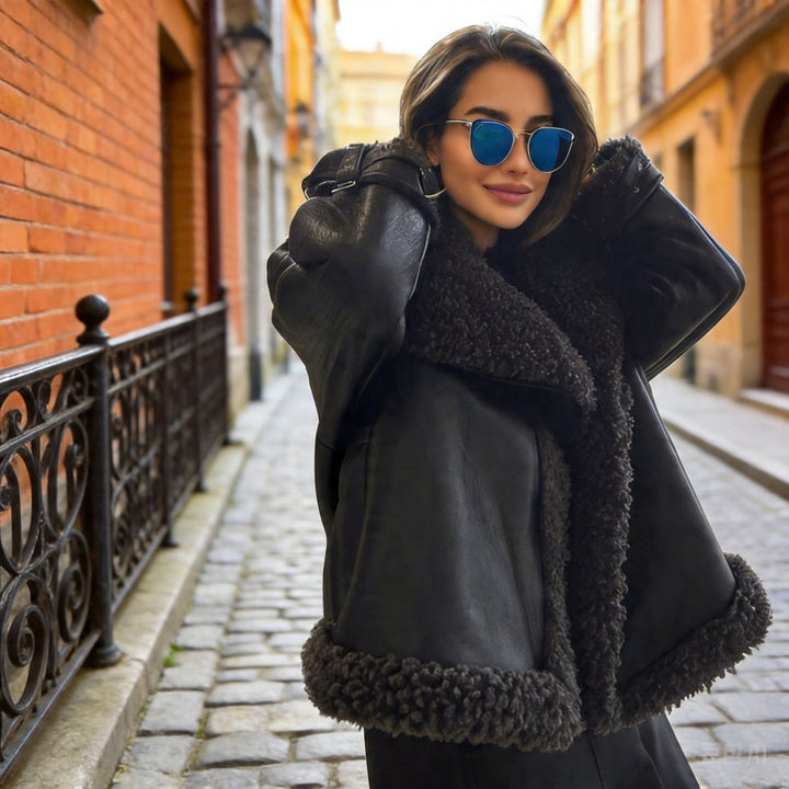 Damen Kurz geschnittene Aviator-Lederjacke mit Teddyfutter, großem Kragen und Oversize-Silhouette Drune