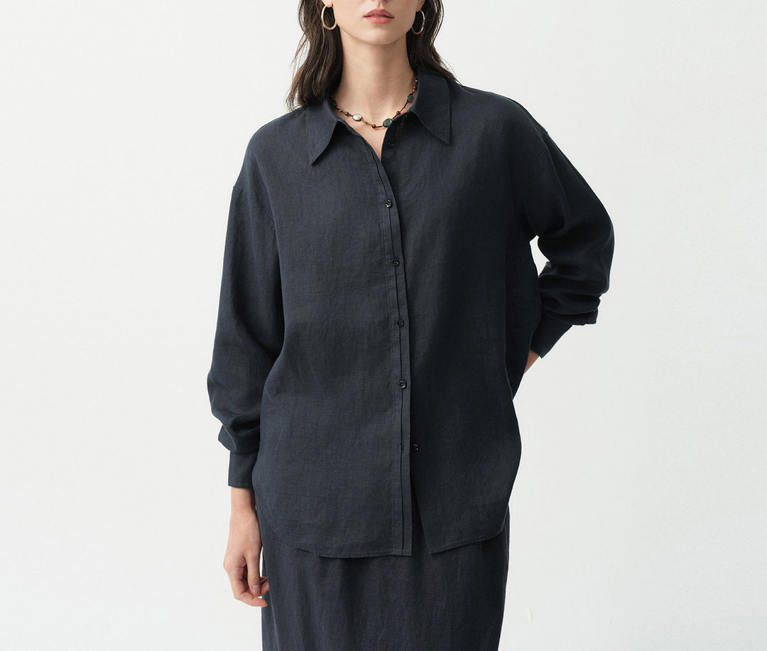Damen Modische Leinenbluse mit langen Ärmeln Drune
