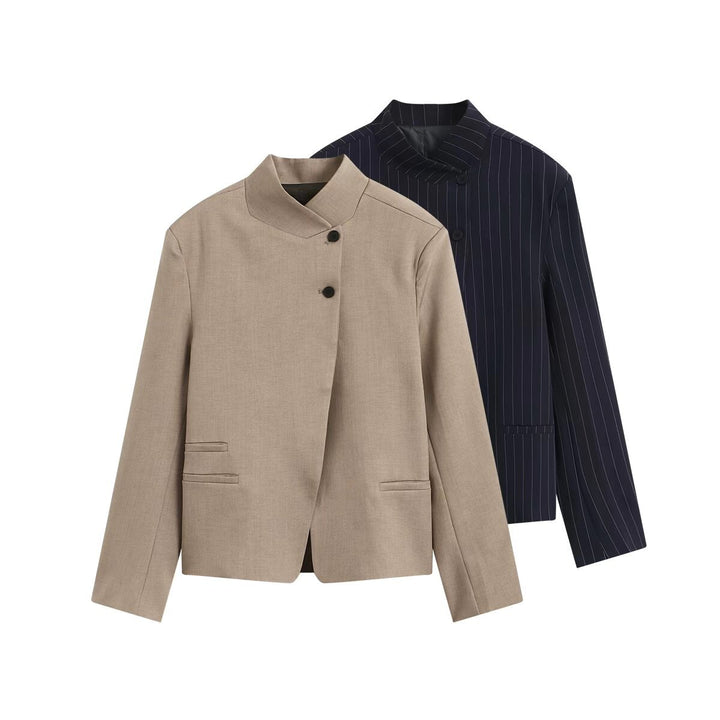 Damen Asymmetrischer Kurzblazer mit Stehkragen und verdeckter Knopfleiste Drune