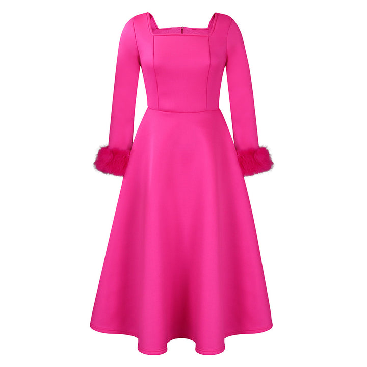 Damen Kleid mit quadratischem Ausschnitt und modischen Fuchsfell-Ärmeln Drune