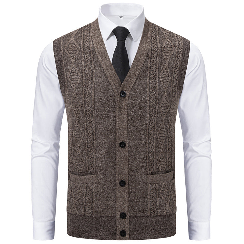 Herren Ärmellose Strickweste mit Rauten‑Muster, V‑Ausschnitt und Knopfleiste Drune