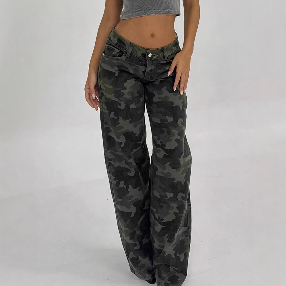 Damen Camouflage-Denim Schlaghose mit hoher Taille und weitem Bein Drune