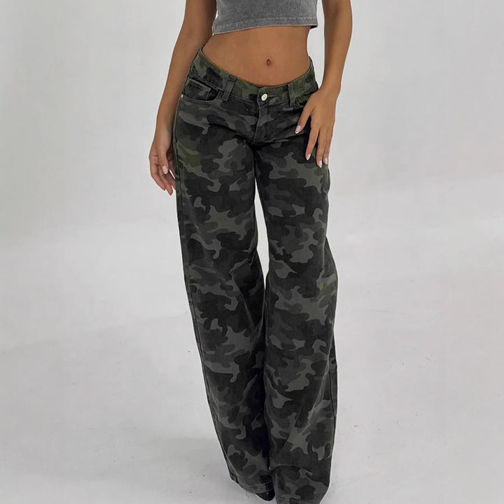 Damen Camouflage-Denim Schlaghose mit hoher Taille und weitem Bein Drune